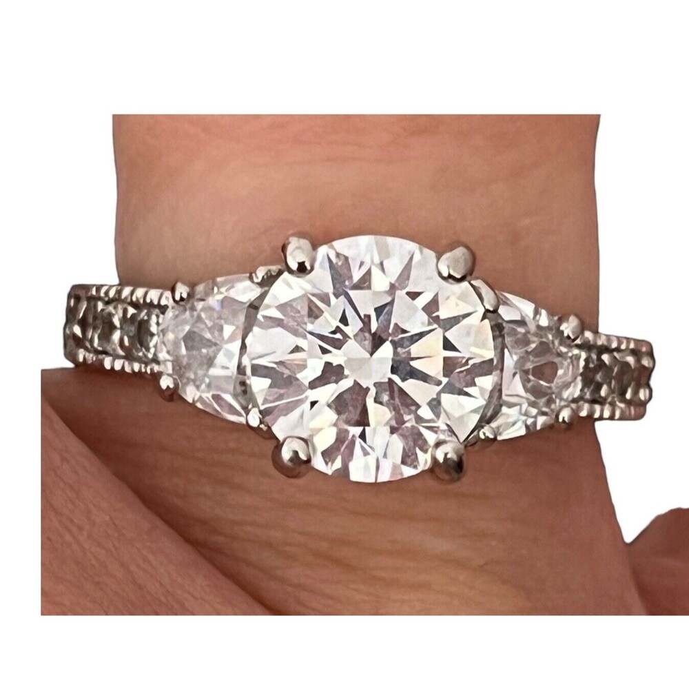 Silver Tone Ring CZ Three Stone Engagement Signed RSC Size 7 - 1E